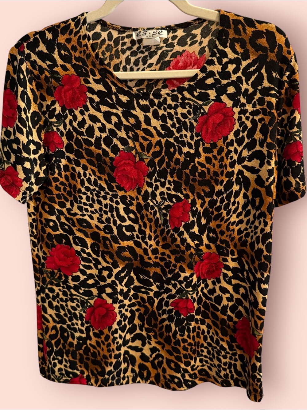 Vintage Y2K Leopard Print Red Rose Stretchy Mesh Top Large Made in USA